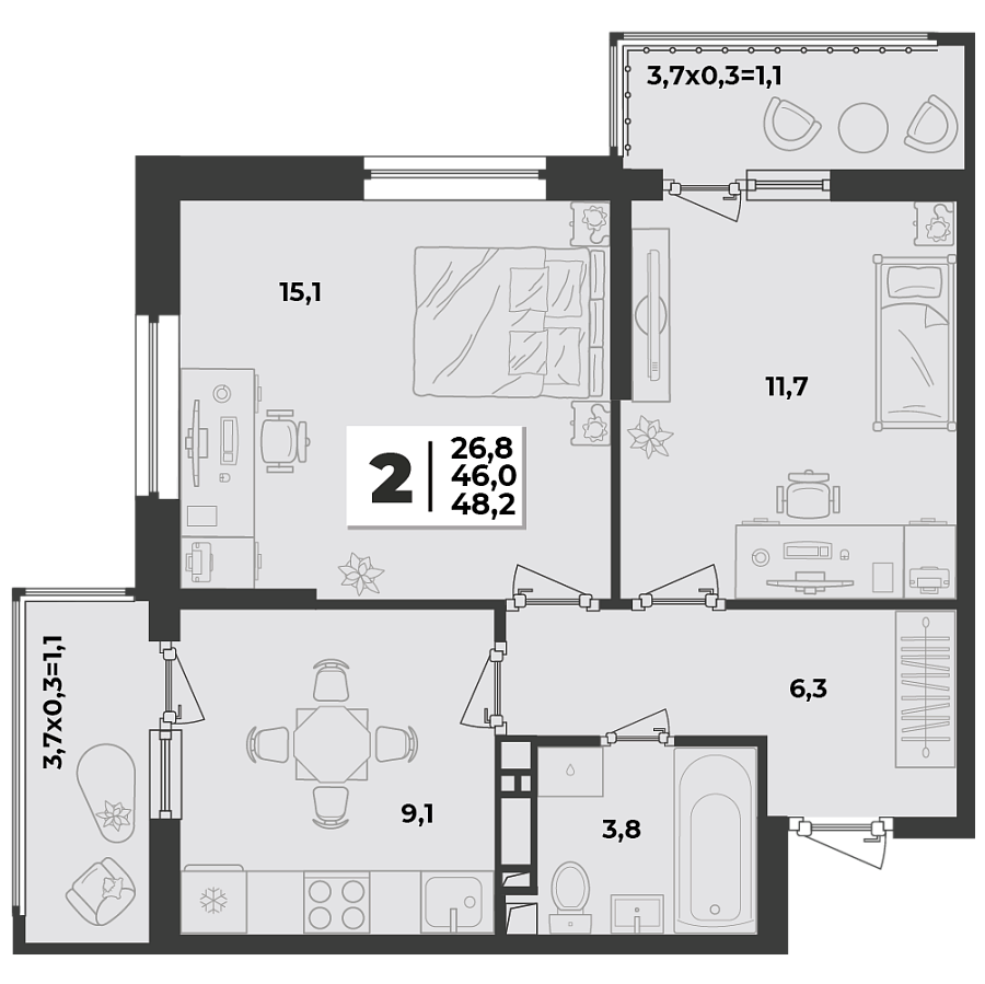 Планировка 2-комнатная, 48.2 м²