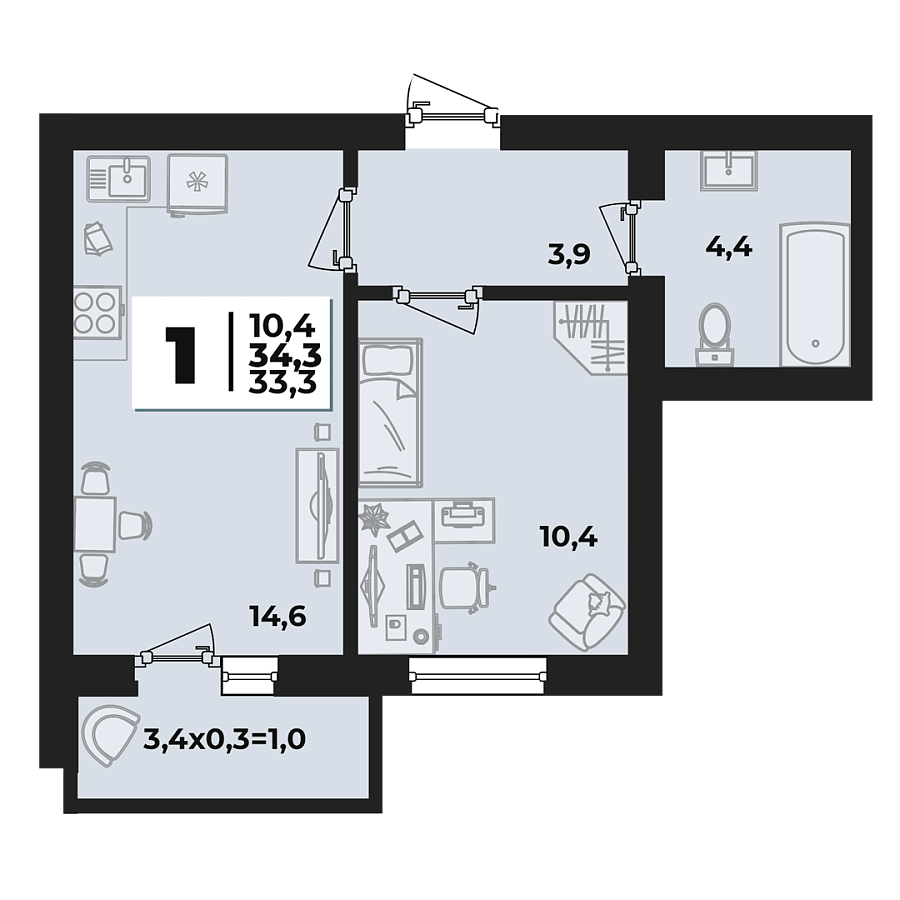 Планировка 1-комнатная, 34.3 м²