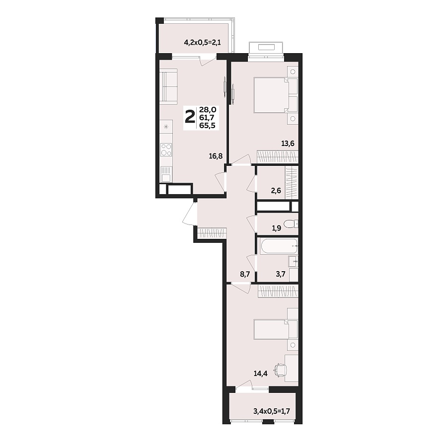 Планировка 2-комнатная, 65.5 м²