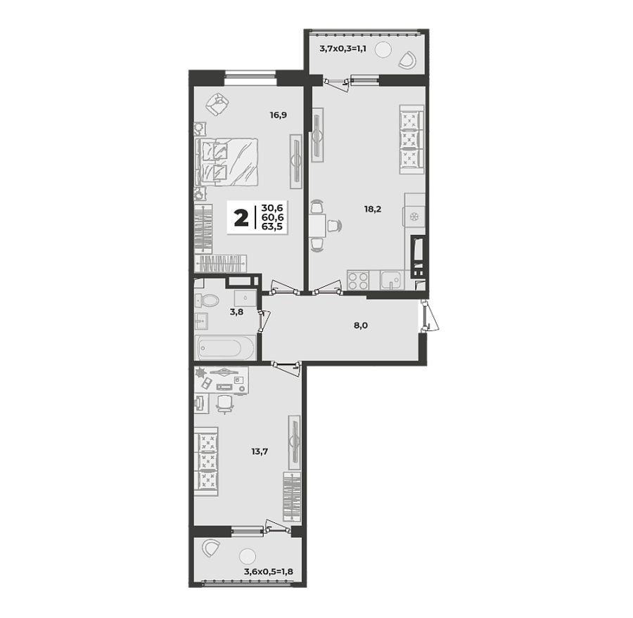 Планировка 2-комнатная, 63.5 м²