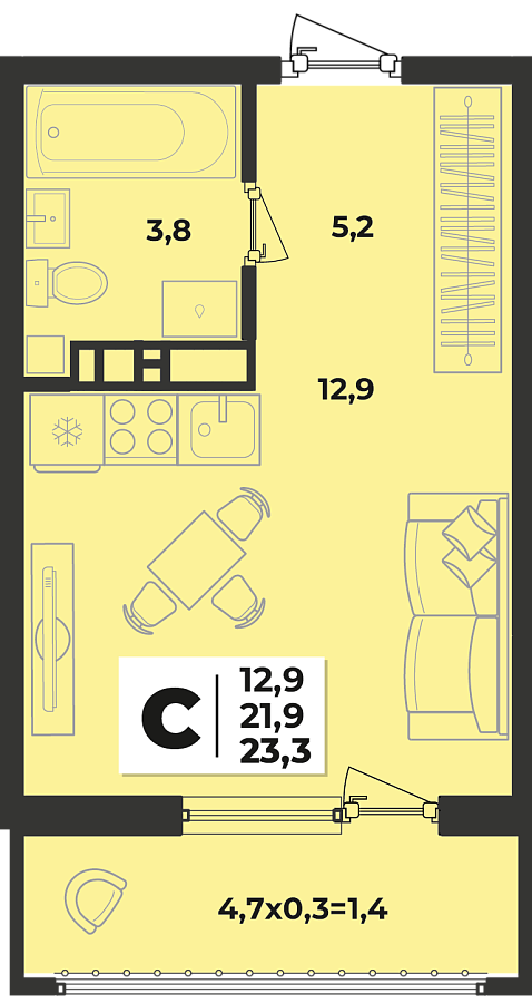 Планировка Студия, 23.3 м²