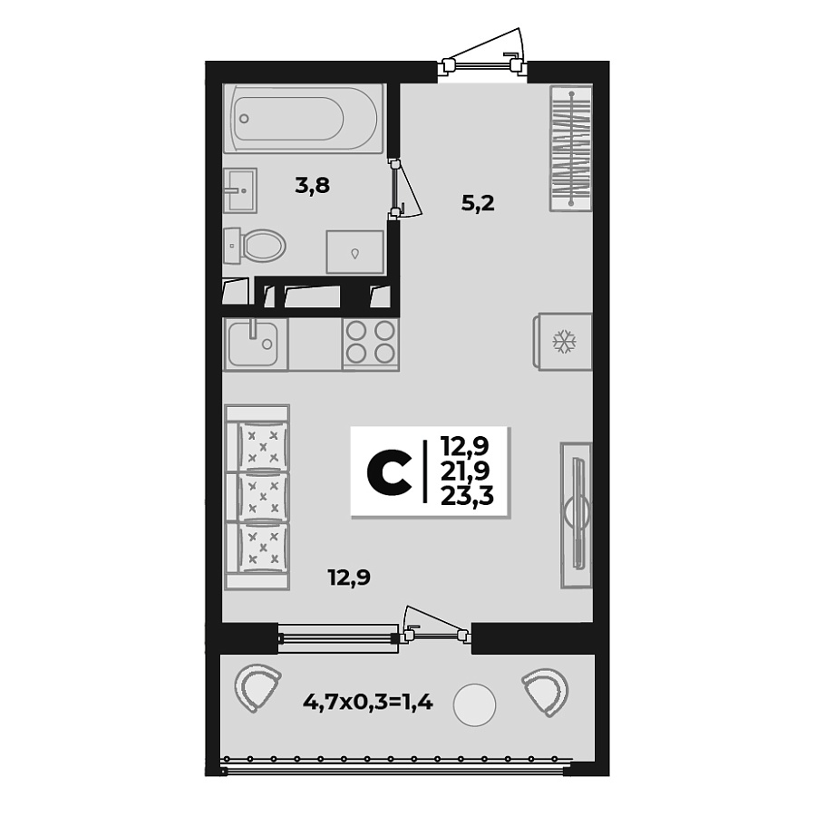 Планировка Студия, 23.3 м²