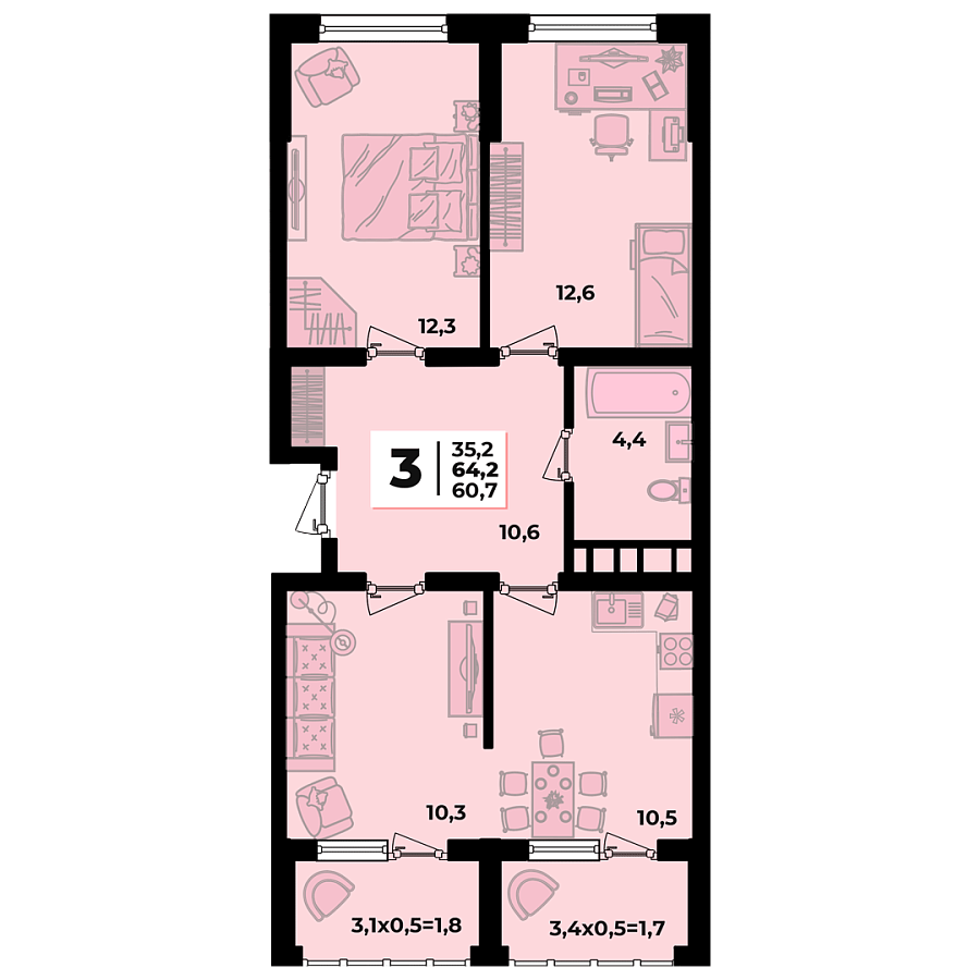 Планировка 3-комнатная, 64.2 м²