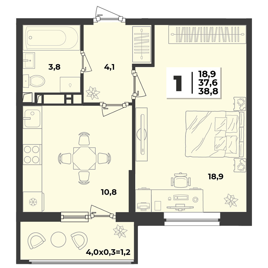 Планировка 1-комнатная, 38.8 м²