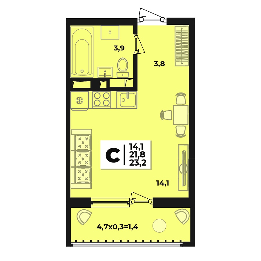 Планировка Студия, 23.2 м²