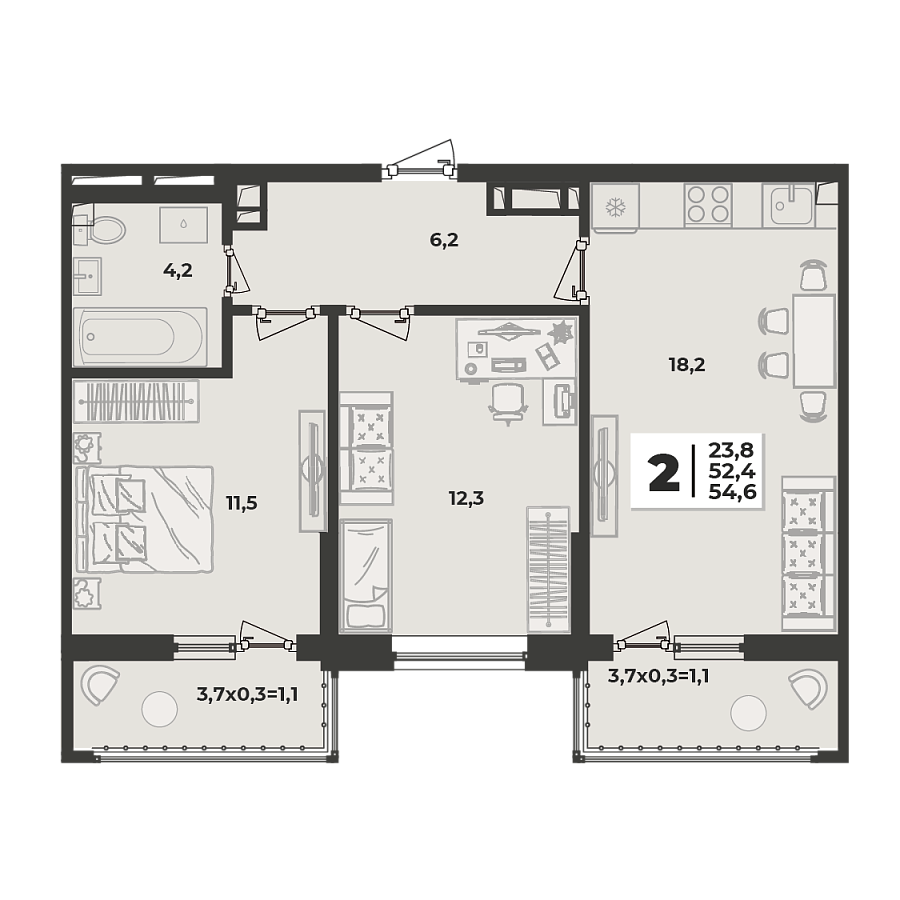 Планировка 2-комнатная, 54.6 м²