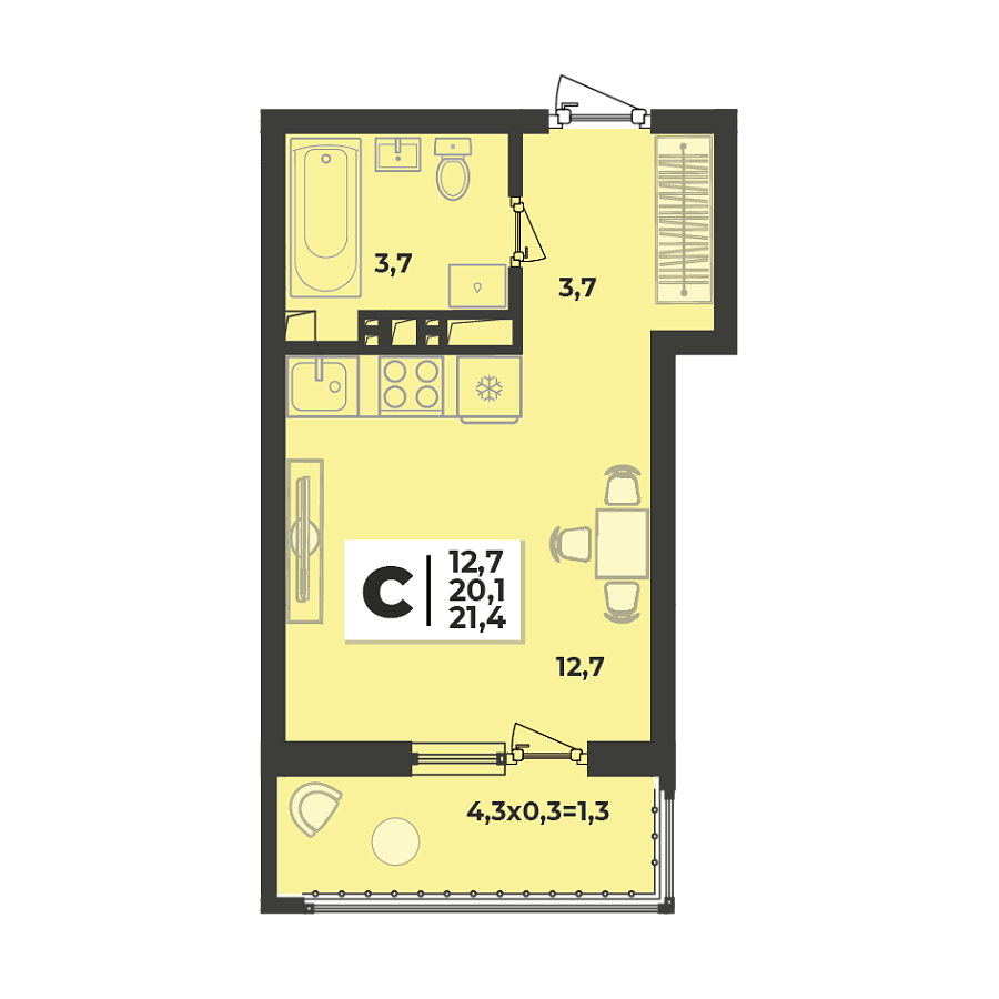 Планировка Студия, 21.4 м²