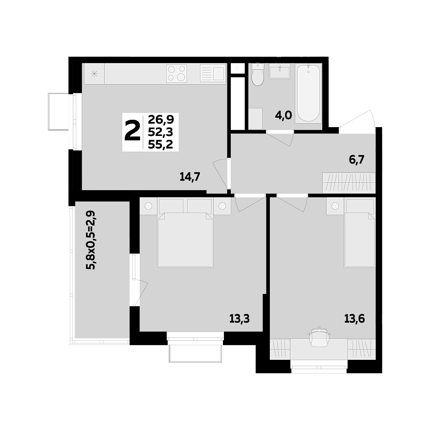 Планировка 2-комнатная, 55.2 м²