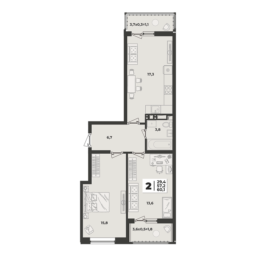 Планировка 2-комнатная, 60.1 м²