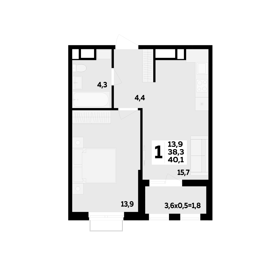 Планировка 1-комнатная, 40.1 м²