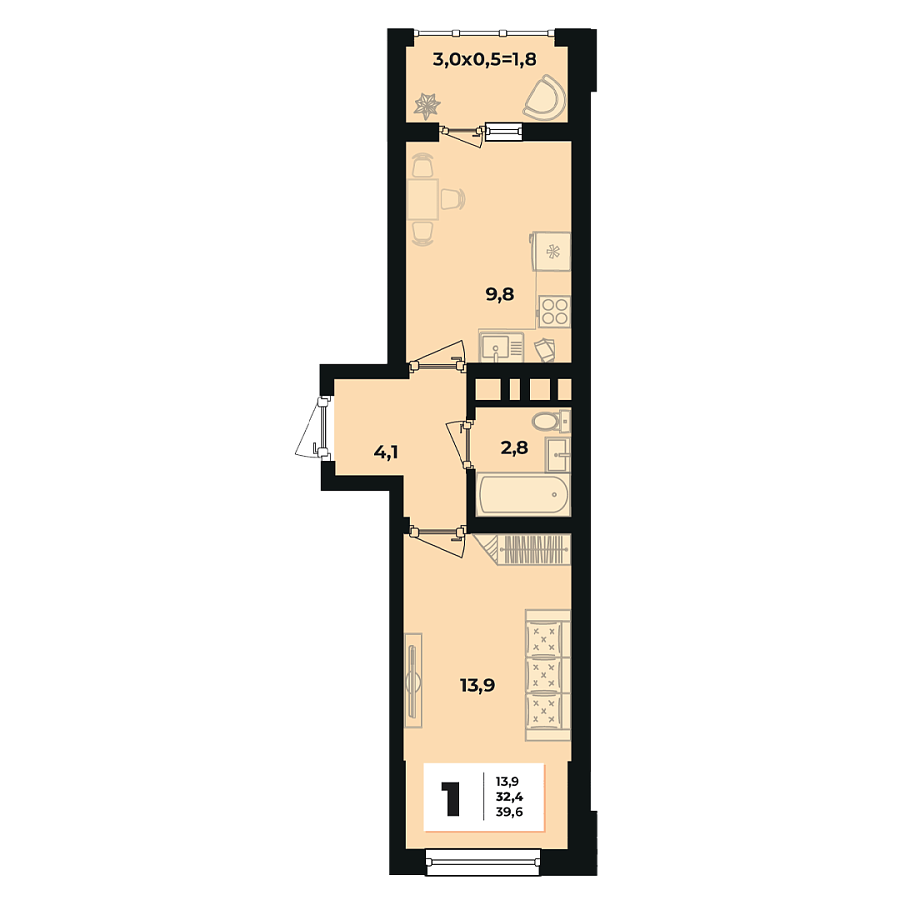 Планировка 1-комнатная, 32.4 м²