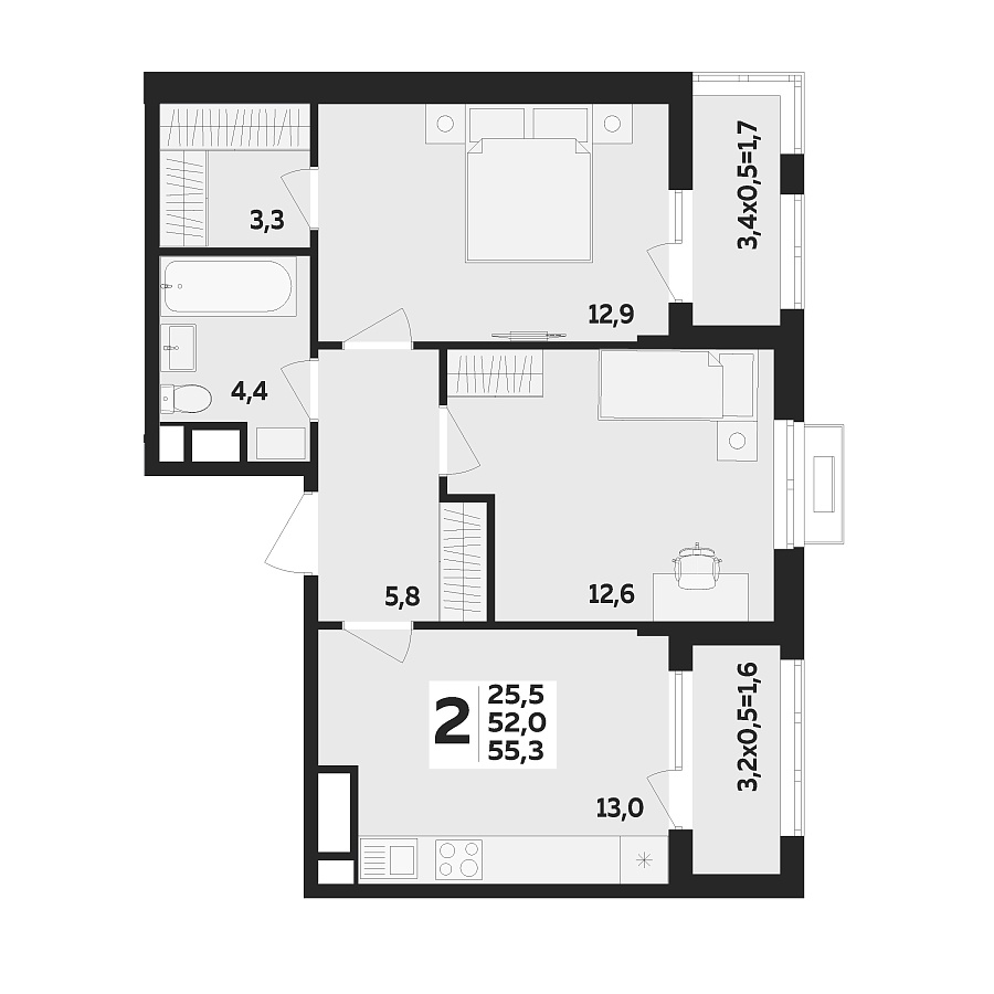 Планировка 2-комнатная, 55.3 м²