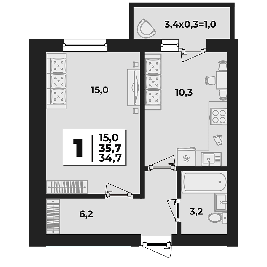 Планировка 1-комнатная, 35.7 м²