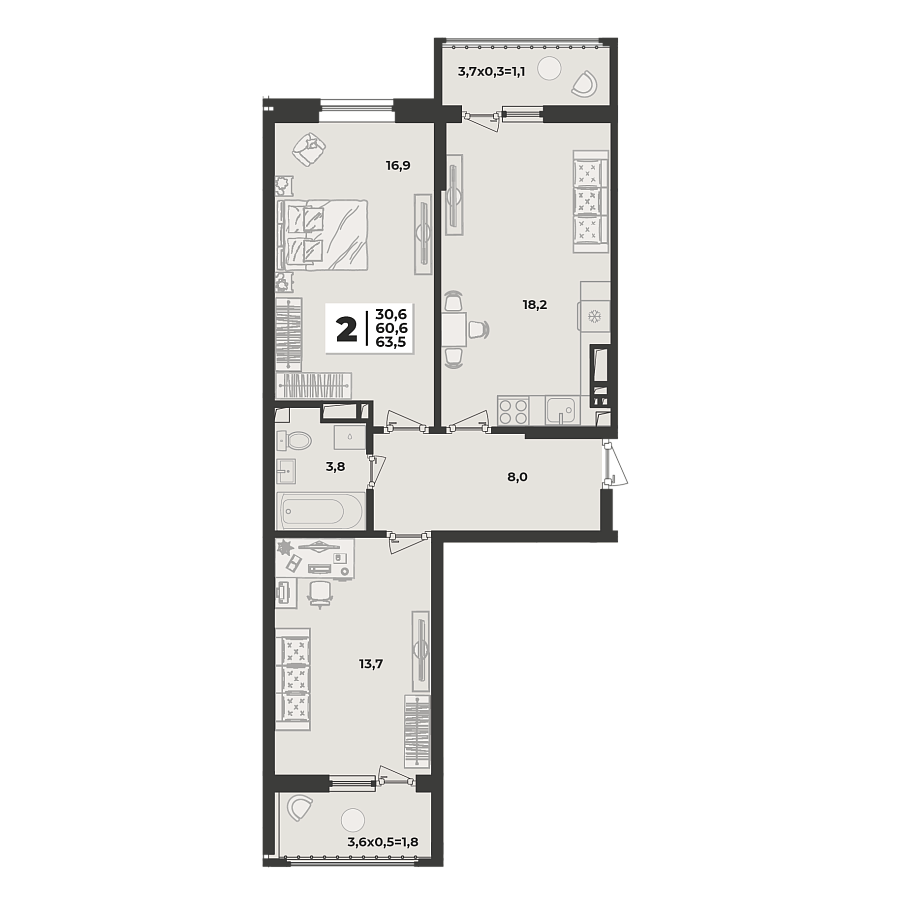 Планировка 2-комнатная, 63.8 м²