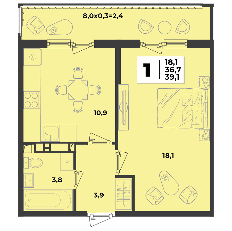 Планировка 1-комнатная, 39.1 м²