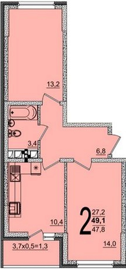 Планировка 2-комнатная, 49.1 м²